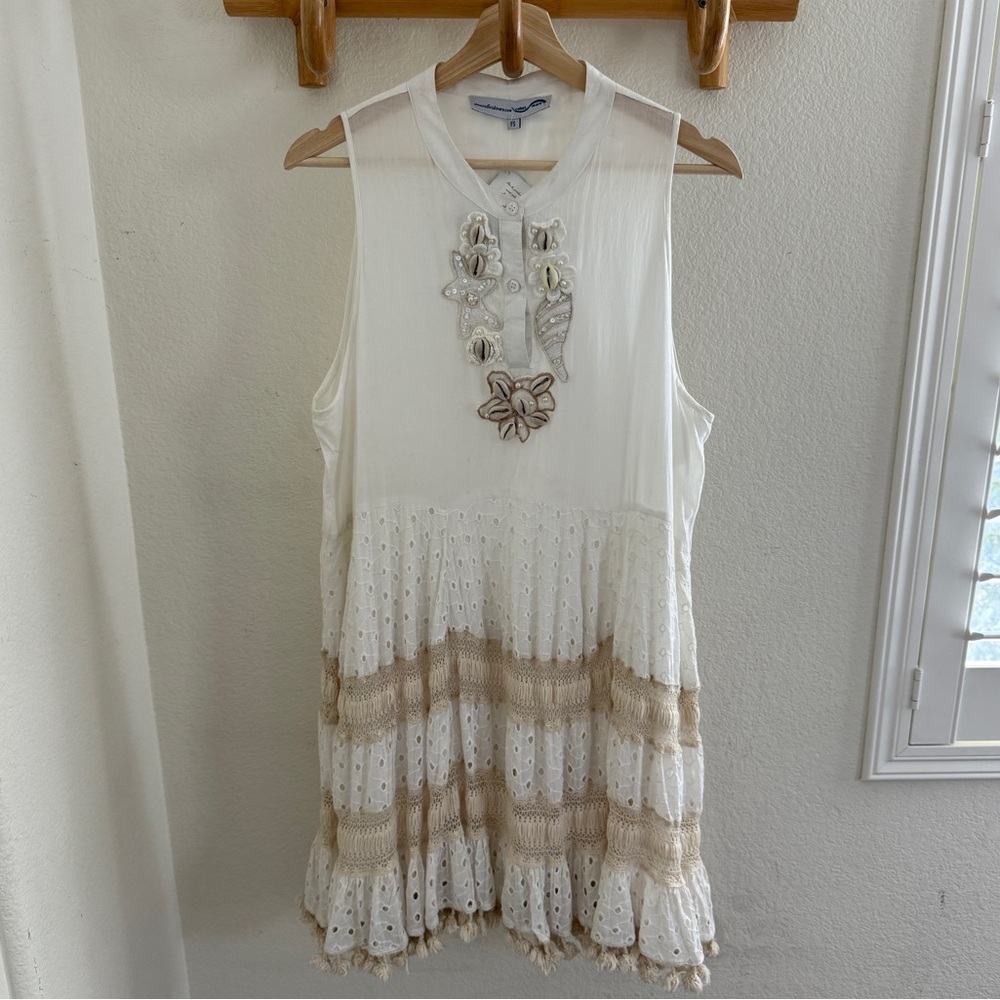 Sleeveless Boho Mini Dress with Embellished Neckline - White/Cream